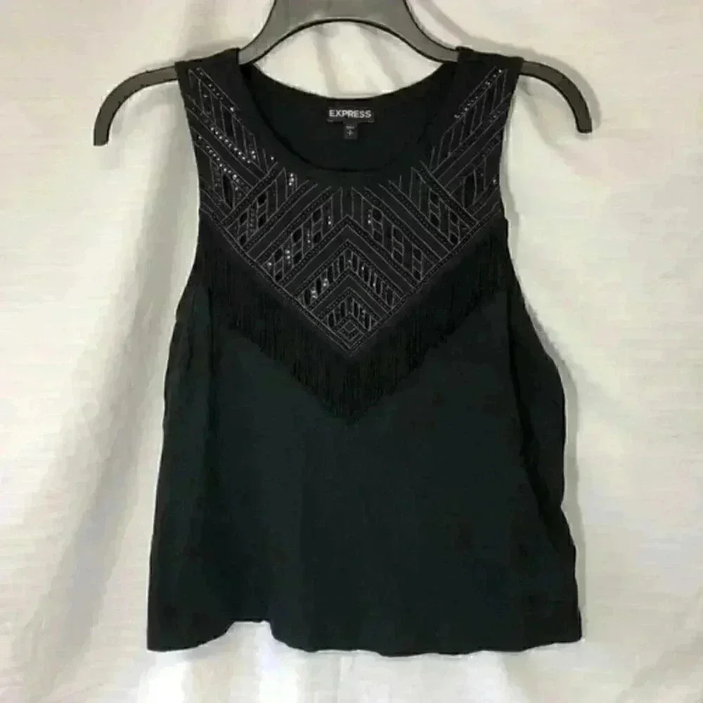 Express true black tank top with fringe